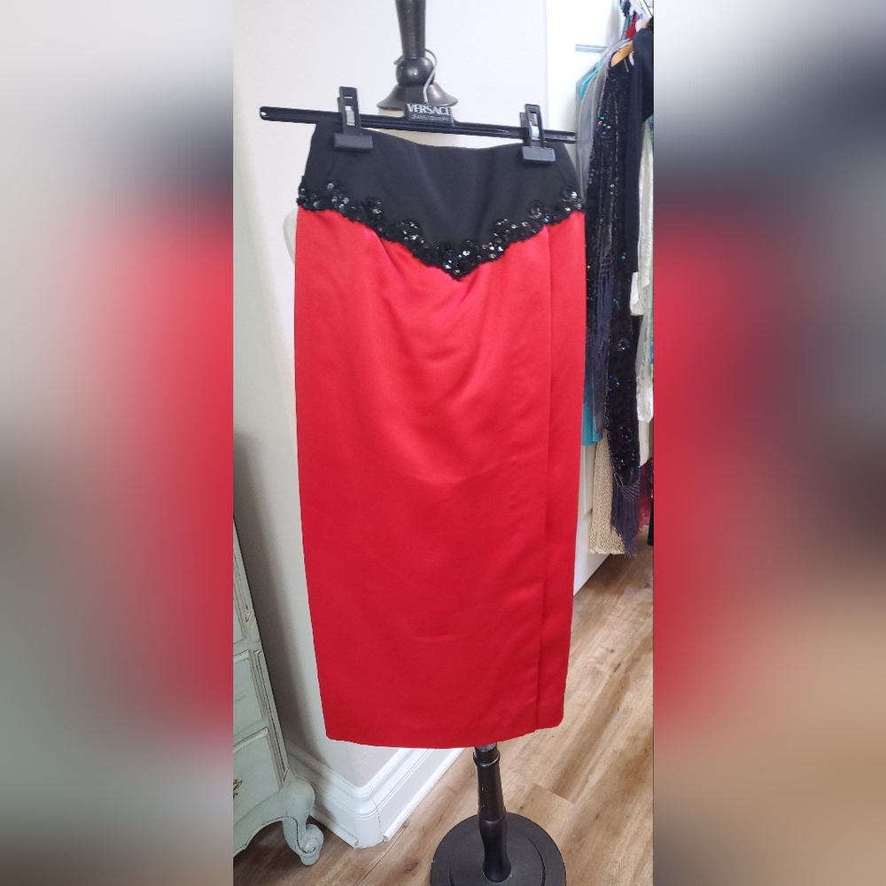 Custom made Small Red skirt with black sequin embellishment